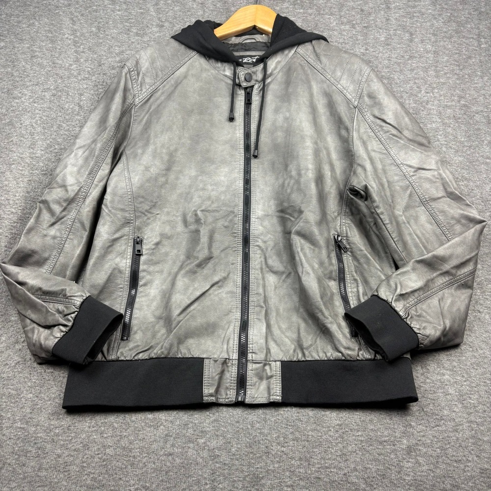 Black Rivet Mens Gray Faux Leather Hooded Bomber Jacket Size XL ‎ *FLAWED *READ